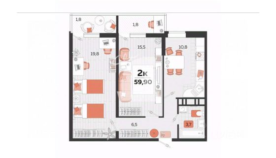 Продажа 2-комнатной квартиры 59,9 м², 21/24 этаж