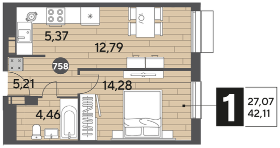 Продажа 1-комнатной квартиры 42,1 м², 2/12 этаж