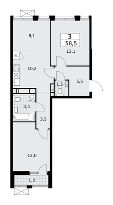 58,5 м², 3-комн. квартира, 13/18 этаж