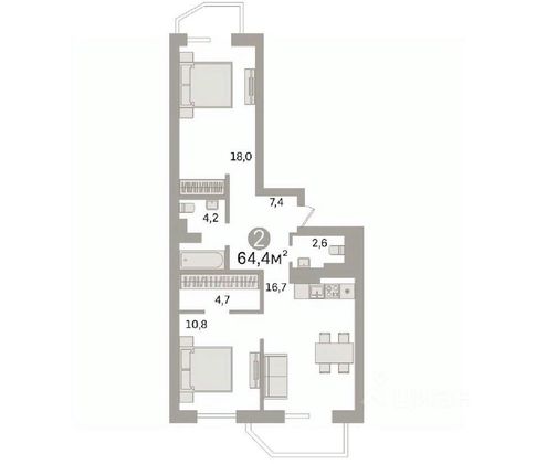 Продажа 2-комнатной квартиры 64,4 м², 16/25 этаж