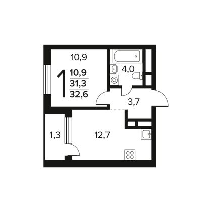 32,6 м², 1-комн. квартира, 2/9 этаж