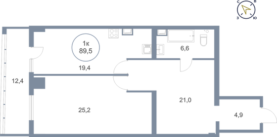 89,5 м², 1-комн. квартира, 22/25 этаж
