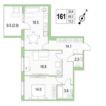 Продажа 2-комнатной квартиры 72,2 м², 4/4 этаж