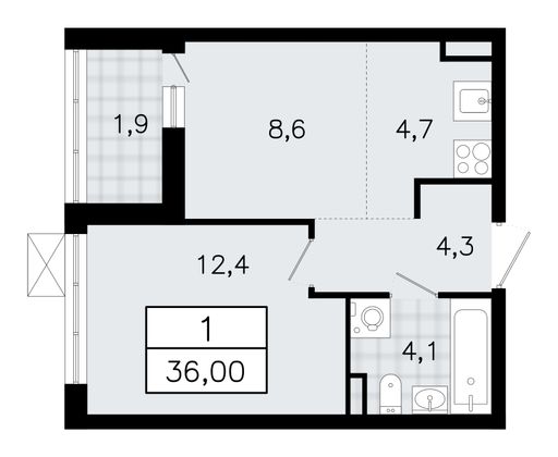 36 м², 2-комн. квартира, 9/12 этаж