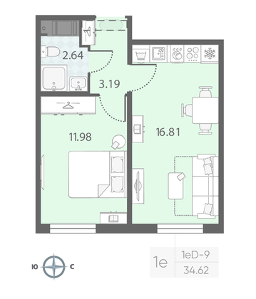 Продажа 1-комнатной квартиры 34,6 м², 14/23 этаж