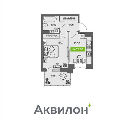 32,8 м², 1-комн. квартира, 8/9 этаж