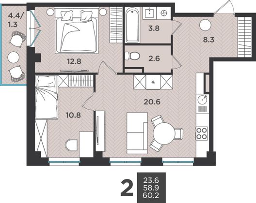 60,2 м², 3-комн. квартира, 2/9 этаж
