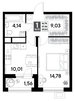 Продажа 1-комнатной квартиры 39,5 м², 7/25 этаж