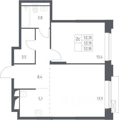 Продажа 2-комнатной квартиры 52,1 м², 10/14 этаж