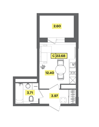 22,7 м², студия, 6 этаж