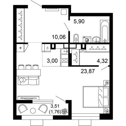 48,9 м², 1-комн. квартира, 1/10 этаж