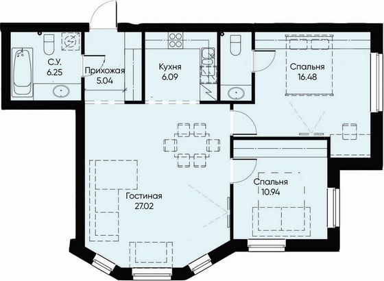 74,4 м², 2-комн. квартира, 3/10 этаж