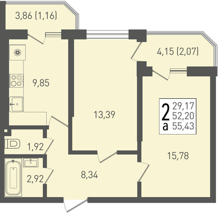 55,4 м², 2-комн. квартира, 2/22 этаж