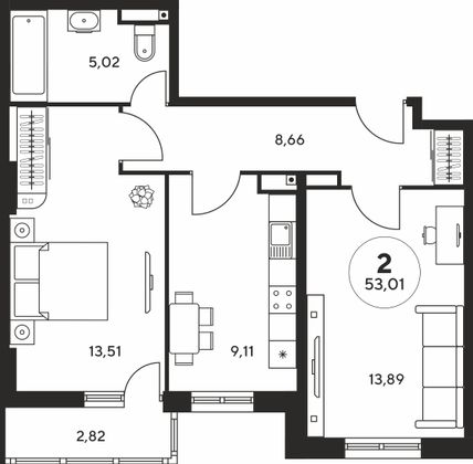 53 м², 2-комн. квартира, 13 этаж