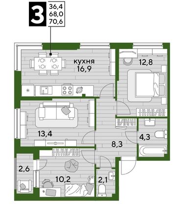 Продажа 3-комнатной квартиры 70,6 м², 2/16 этаж