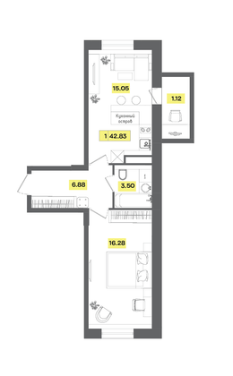 42,8 м², 2-комн. квартира, 7 этаж