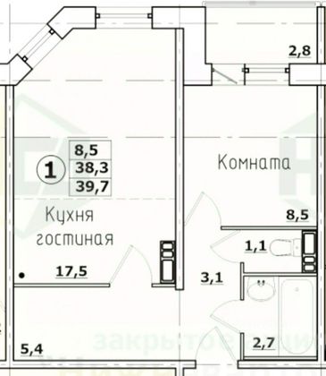 Продажа 1-комнатной квартиры 38,4 м², 5/9 этаж