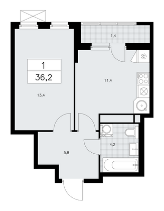 36,2 м², своб. планировка, 15/16 этаж