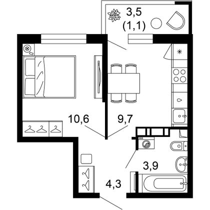 29,6 м², 1-комн. квартира, 2/12 этаж