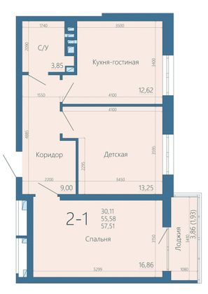 57,5 м², 2-комн. квартира, 5/15 этаж