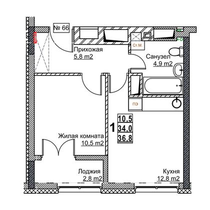 Продажа 1-комнатной квартиры 36,8 м², 8/24 этаж