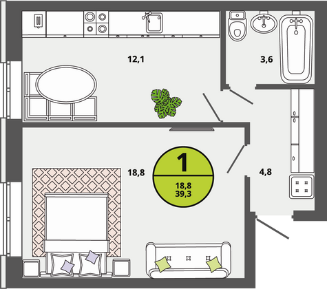 Продажа 1-комнатной квартиры 39,3 м², 1/3 этаж