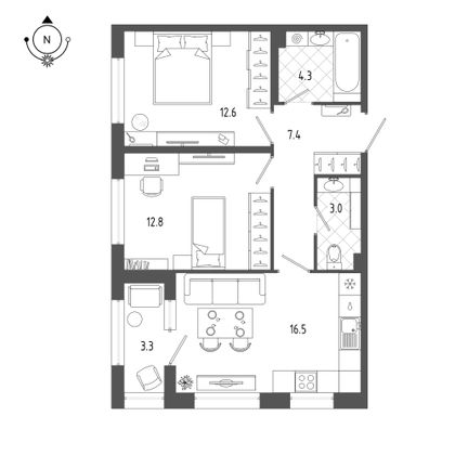 58,5 м², 2-комн. квартира, 2/18 этаж