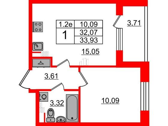 Продажа 1-комнатной квартиры 32,1 м², 4/5 этаж