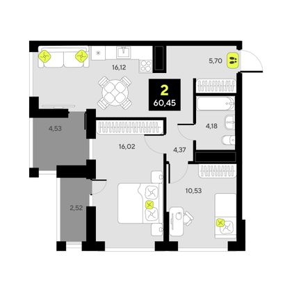 60,5 м², 2-комн. квартира, 5/14 этаж