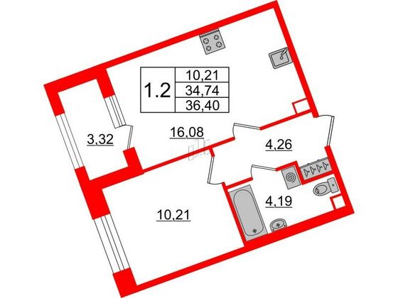Продажа 1-комнатной квартиры 34,7 м², 2/6 этаж