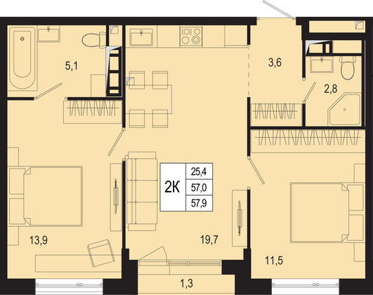 57 м², 2-комн. квартира, 3/8 этаж