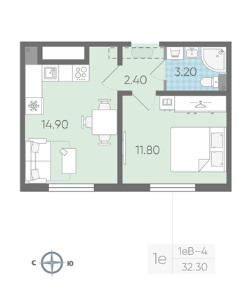 Продажа 1-комнатной квартиры 32,3 м², 1/16 этаж
