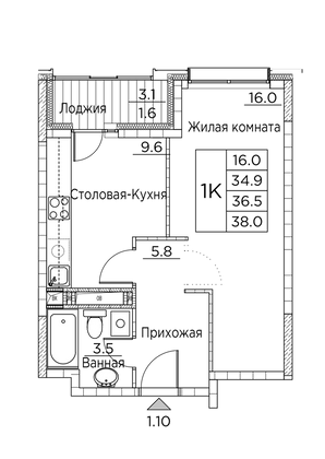 38 м², 1-комн. квартира, 16/21 этаж