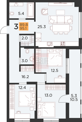 Продажа 3-комнатной квартиры 95,1 м², 3/16 этаж