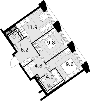 47,7 м², 2-комн. квартира, 19/22 этаж