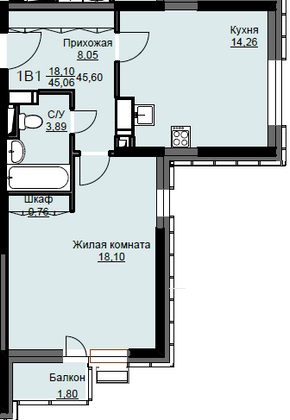 Продажа 1-комнатной квартиры 45,6 м², 2/17 этаж