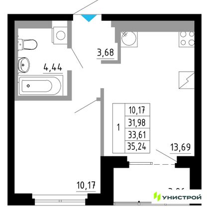 33,6 м², 1-комн. квартира, 12/27 этаж