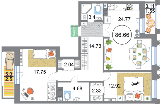 Продажа 2-комнатной квартиры 86,7 м², 12/12 этаж