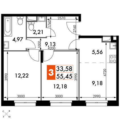 55,5 м², 3-комн. квартира, 8/15 этаж