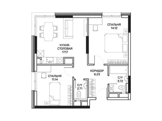 54,4 м², 2-комн. квартира, 7/8 этаж