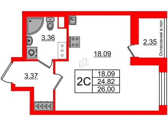 Продажа квартиры-студии 24,8 м², 11/12 этаж