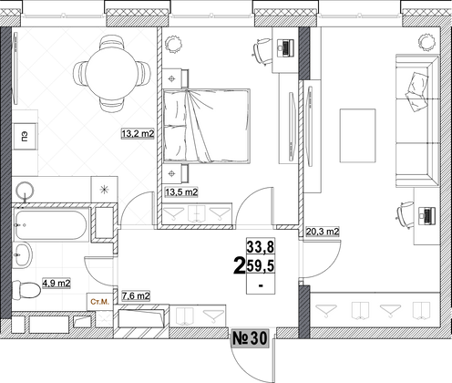 Продажа 2-комнатной квартиры 59,5 м², 4/24 этаж