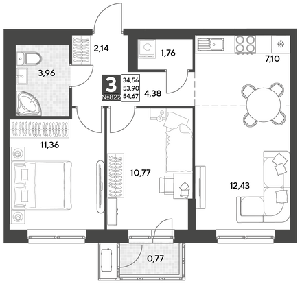 Продажа 3-комнатной квартиры 54,7 м², 19/25 этаж