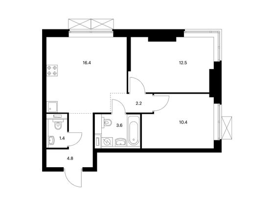 51,3 м², 2-комн. квартира, 22/33 этаж