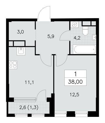 38 м², 1-комн. квартира, 14/30 этаж