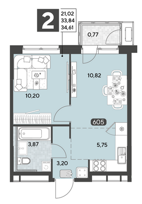 Продажа 2-комнатной квартиры 34,6 м², 5/25 этаж