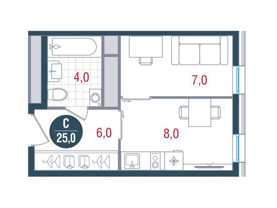 25 м², студия, 13/17 этаж