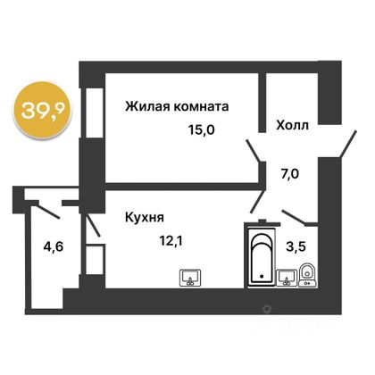 Продажа 1-комнатной квартиры 39,9 м², 5/11 этаж