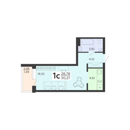 Продажа 1-комнатной квартиры 30,3 м², 17/18 этаж