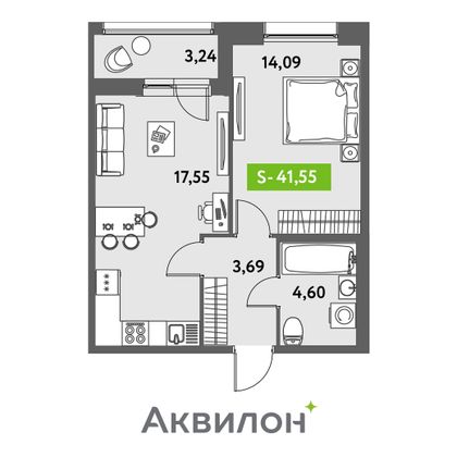 41,5 м², 1-комн. квартира, 2/12 этаж